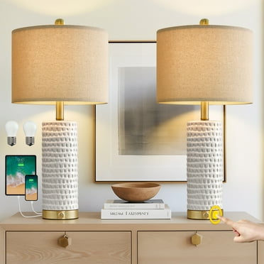 Oneach 3 Way Dimmable White Table Lamp Set of 2 with USBC A, 24" Ceramic Farmhouse Touch Control Bedside Lamps for Living Room Bedroom(Bulbs Included)