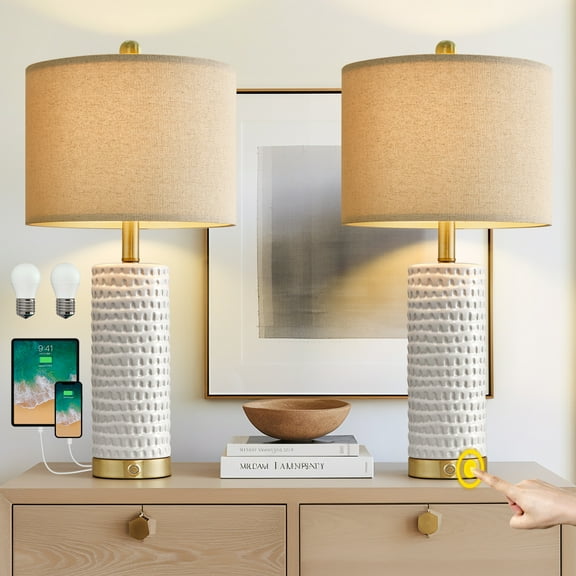 Oneach 3 Way Dimmable White Table Lamp Set of 2 with USBC A, 24" Ceramic Farmhouse Touch Control Bedside Lamps for Living Room Bedroom(Bulbs Included)