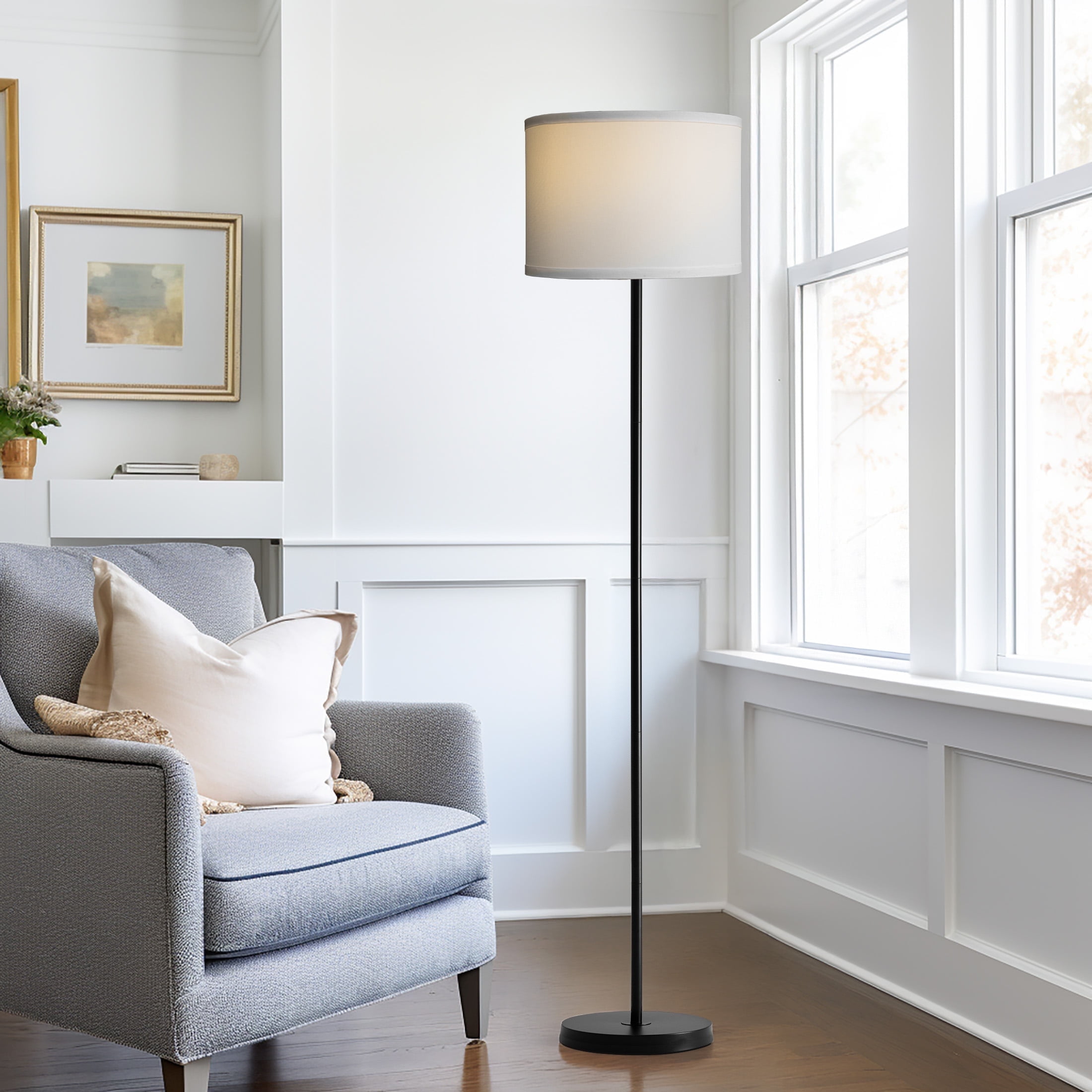 61" Black Metal Floor Lamp with White Linen Shade
