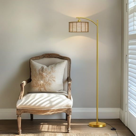 Oneach 62.5" Boho Arc Floor lamp with Brown Rattan Shade,Farmhouse Gold Standing Tall Lamp for Living Room,Bedroom,Home,Office Metal Foot Switch
