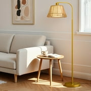 Oneach 62.5" Boho Metal Floor lamp with Bell Rattan Shade,Farmhouse Gold Standing Tall Lamp for Living Room Bedroom,Home,Office