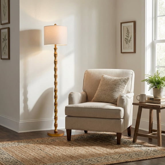 Oneach 62" Farmhouse Floor Lamp,Gold Bedside Lamp with Fabric Shade,Standing Lamp for Bedroom Living Room Office