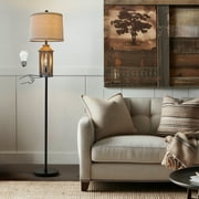 Oneach 63" 3 Way Dimmable Farmhouse Floor Lamp with 2 Light Sources ,Brown Metal Tall Standing Lamp for Bedroom, Living Room, Home