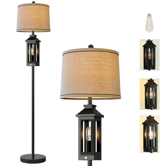 Oneach 63" Farmhouse Floor Lamp with 2 Light Sources ,3 Way Dimmable Black Metal Tall Standing Lamp for Bedroom, Living Room, Home