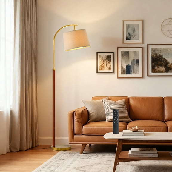 Oneach 63" MDF Arc Gold Floor Lamp Floor Lamp with Lamp Shade, Farmhouse Standing Lamp with Remote Control, dimmable bulb Switch for Bedroom, Living Room, Office, Decor