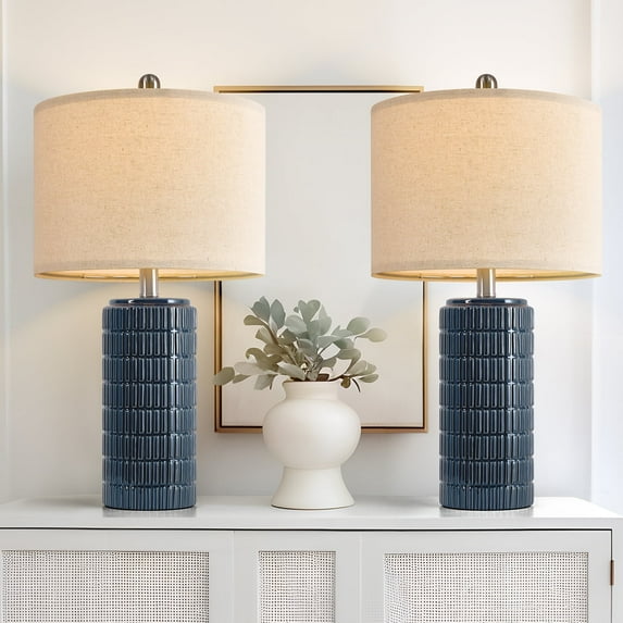Oneach Blue Ceramic Table Lamps Set of 2 for Bedroom Living Room Retro Farmhouse 23" Bedside Nightstand Lamps with Linen Lamp Shades