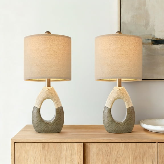 Oneach Cement Gray Boho Table Lamp Set of 2 for Living Room Bedroom 19.5" Resin Bedside Nightstand Lamps with Linen Drum Shade Modern Rattan Light for Office Study