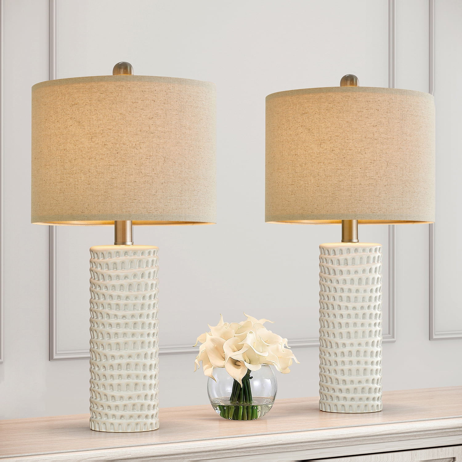 Oneach Ceramic Table Lamp Set of 2 24" White Contemporary Bedside ...