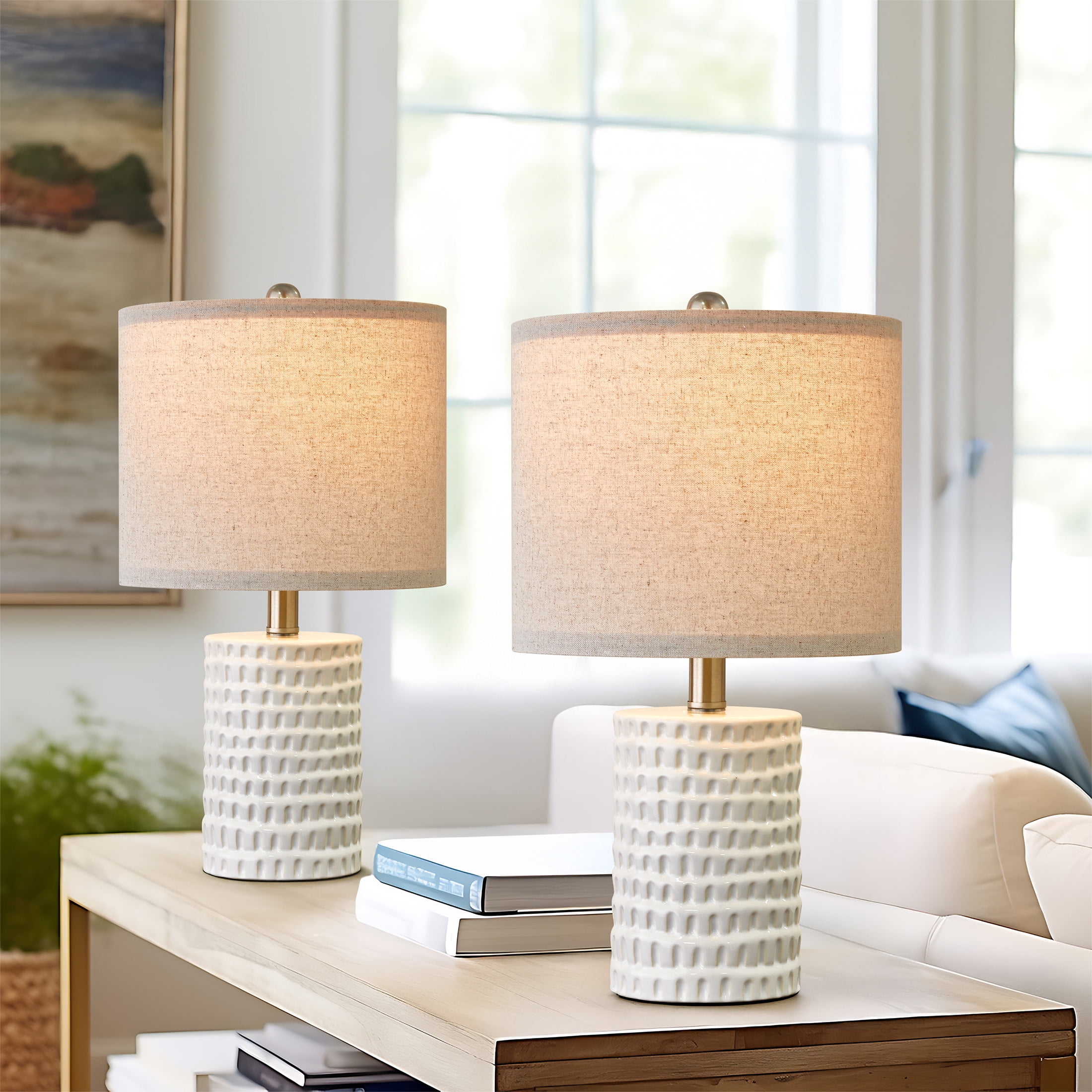Oneach Ceramic Table Lamp Set of 2 for Living Room Bedroom 18.25" Modern White Bedside Nightstands Lamps - Walmart.com