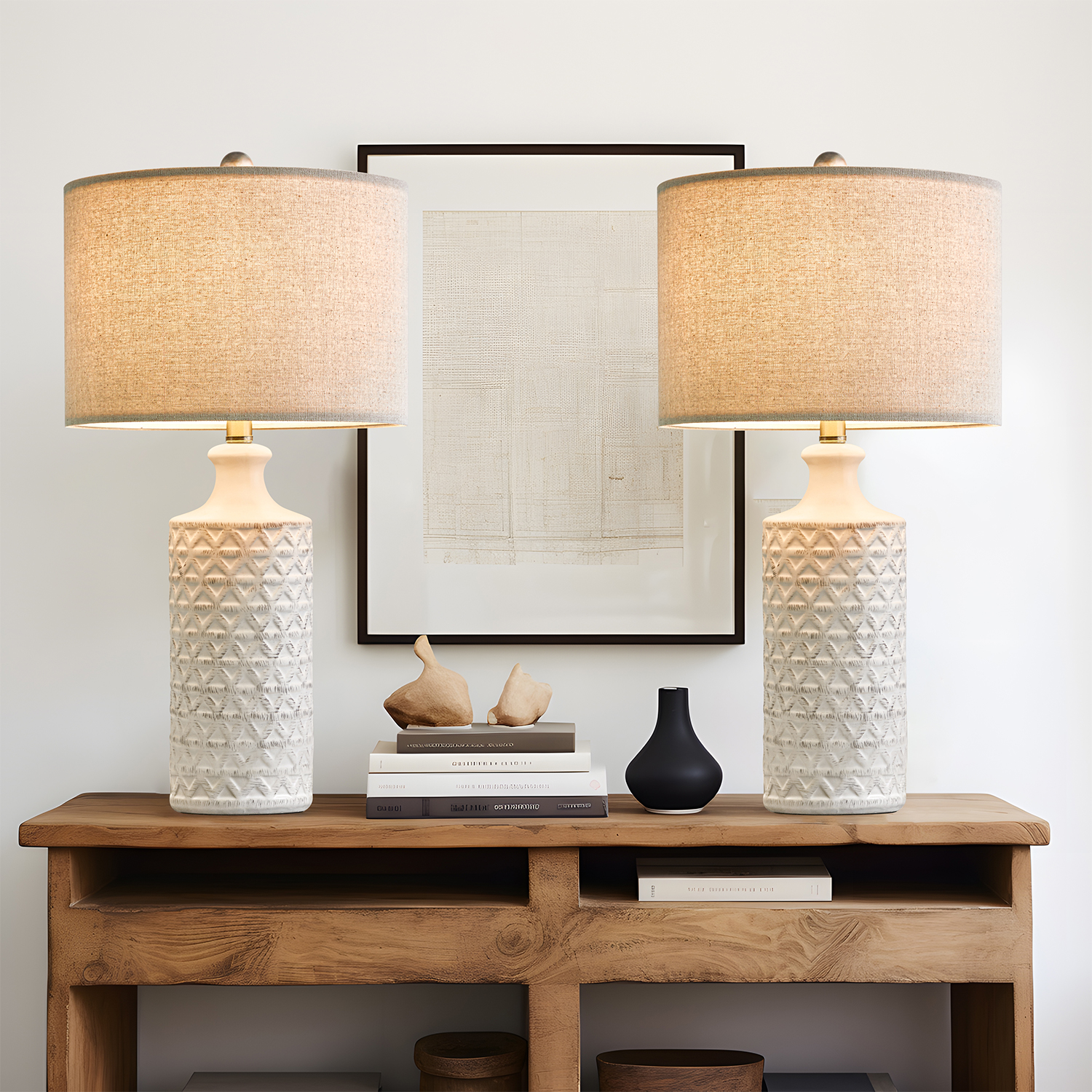 Gymax 3-Piece Lamp Set 2 Table Lamps 1 Floor Lamp Fabric Shades Living ...