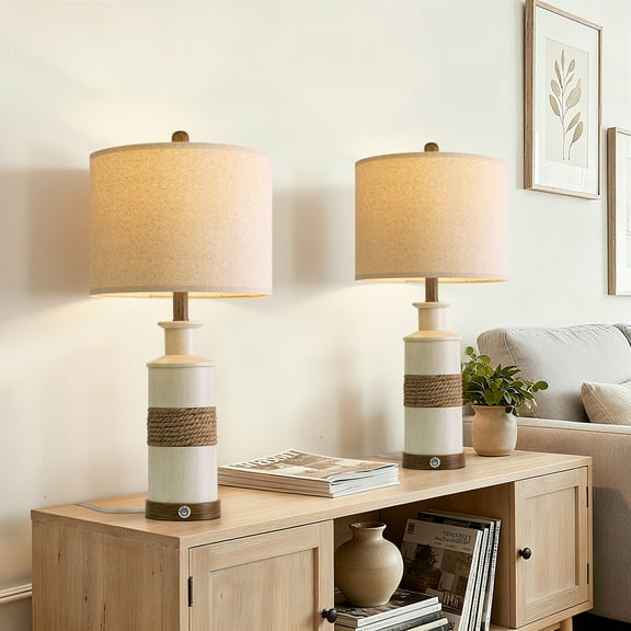 Oneach Farmhouse 3 Way Dimmable Table Lamp Set of 2 with 2 USB Ports for Bedroom Living Room 24.25" Vintage Rustic Touch Control Nightstand Bedside Lamps Resin (Bulbs Included)