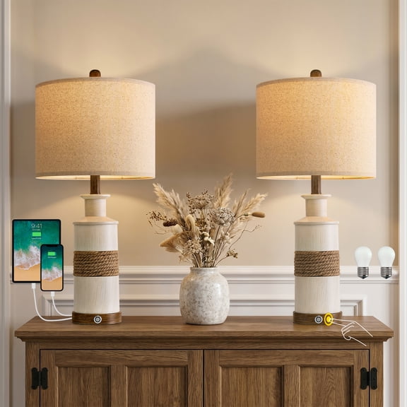 Oneach Farmhouse 3 Way Dimmable Table Lamp Set of 2 with 2 USB Ports for Bedroom Living Room 24.25" Vintage Rustic Touch Control Nightstand Bedside Lamps Resin (Bulbs Included)