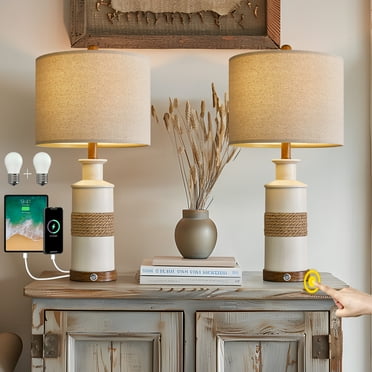 Oneach Farmhouse 3 Way Dimmable Table Lamp Set of 2 with 2 USB Ports for Bedroom Living Room 24.25" Vintage Rustic Touch Control Nightstand Bedside Lamps Resin (Bulbs Included)