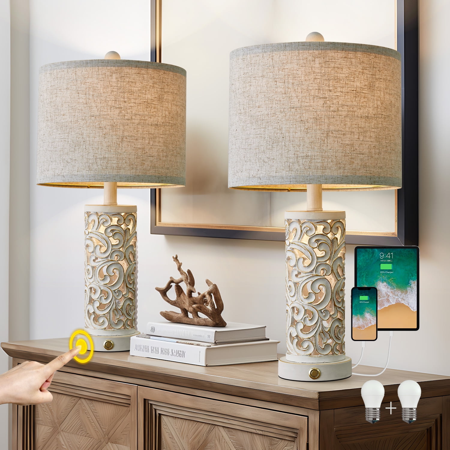 Vintage White Carved Base Table Lamp Set with Linen Shade