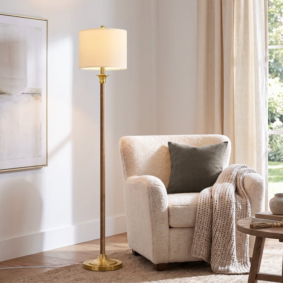 Oneach Farmhouse Modern Tall Floor Lamp for Bedroom,62" Rubberwood Metal Brown Standing Lamp for Living Room,Office
