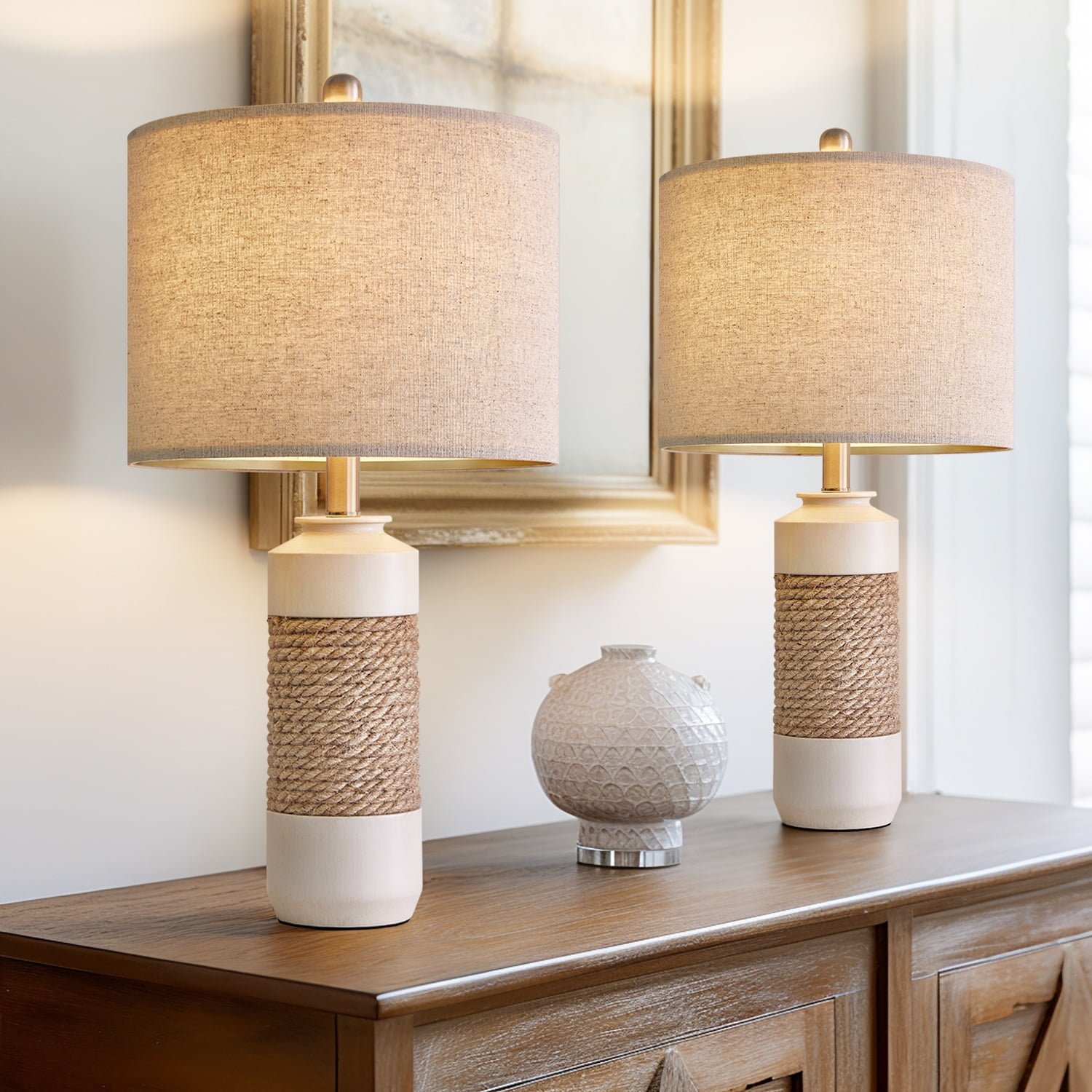 Antique White Resin Rattan Bedside Table Lamps Set of 2
