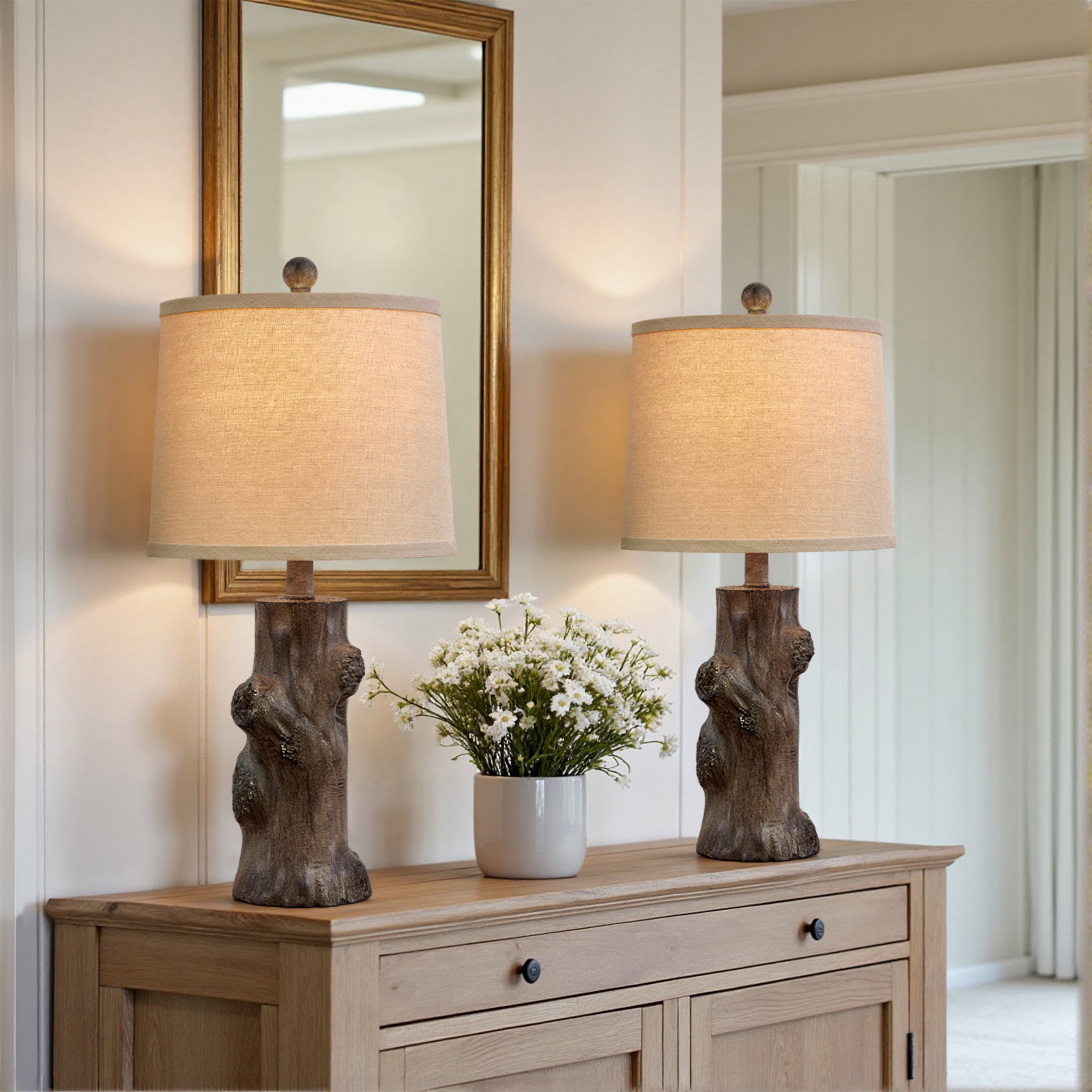 Oneach Farmhouse Resin Table Lamp Set of 2 for Living Room Bedroom 23" Tree Trunk Wood Grain Rustic Nightstand Bedside Lamps with Lamp Shades