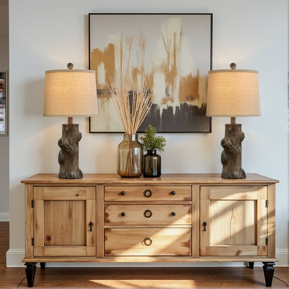 Oneach Farmhouse Resin Table Lamp Set of 2 for Living Room Bedroom 23" Tree Trunk Wood Grain Rustic Nightstand Bedside Lamps with Lamp Shades