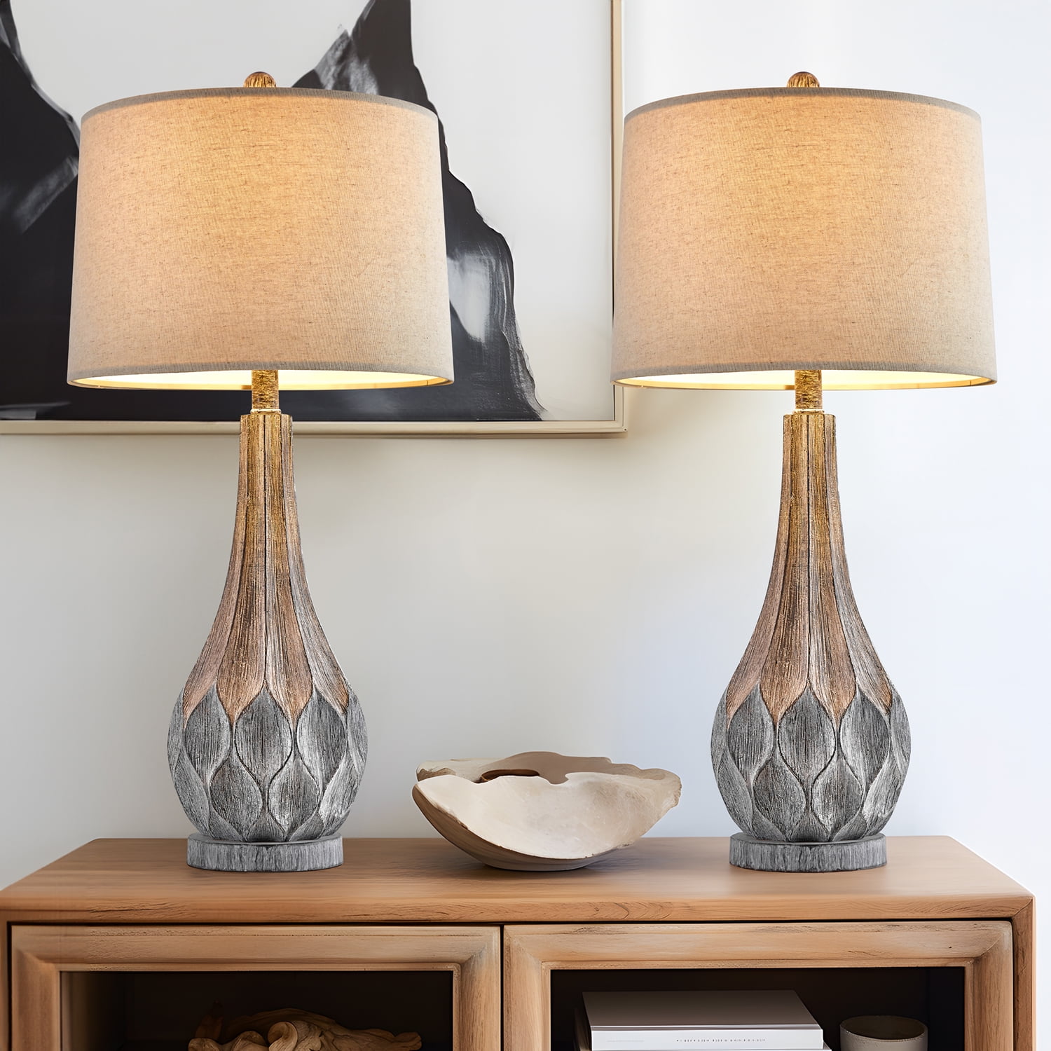 Oneach Farmhouse Table Lamp Set of 2 with 2 USB Ports for Living Room