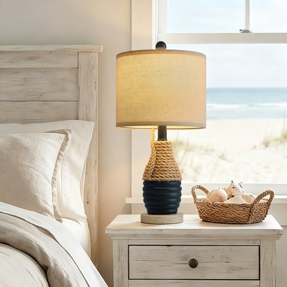 Oneach Farmhouse Table Lamp for Living Room Bedroom 20" Coastal Navy Blue Nightstands Bedside Lamps Ocean Beach Style