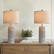 Oneach Farmhouse Table Lamps 25.5" Set of 2 Resin Linen Drum Shade for Living Room Bedroom Bedside Nightstand Lamps