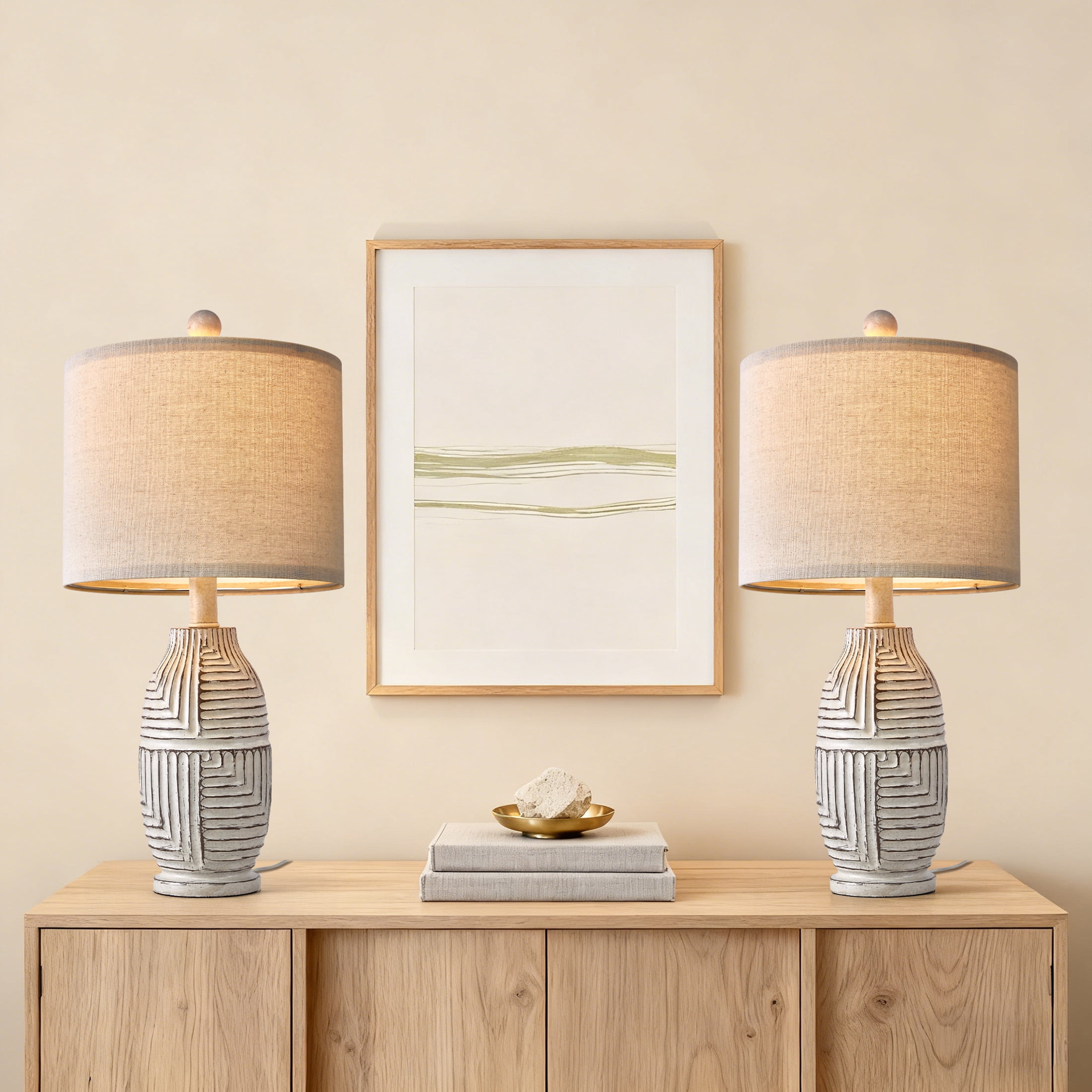 Oneach 20.25" Farmhouse Table Lamps Set of 2 for Living Room Bedroom Resin Bedside Nightstand Lamps with Beige Linen Drum Shade