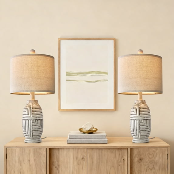 Oneach 20.25" Farmhouse Table Lamps Set of 2 for Living Room Bedroom Resin Bedside Nightstand Lamps with Beige Linen Drum Shade