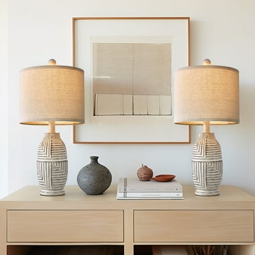 Oneach Farmhouse  Table Lamps Set of 2 for Living Room Bedroom 20.25" Resin Bedside Nightstand Lamps with Linen Drum Shade