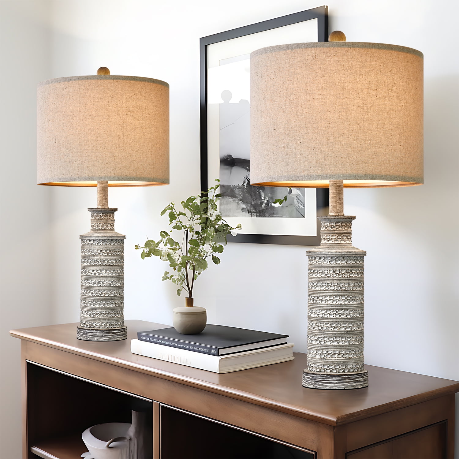 24.5" Beige and Gray Resin Farmhouse Table Lamp Set