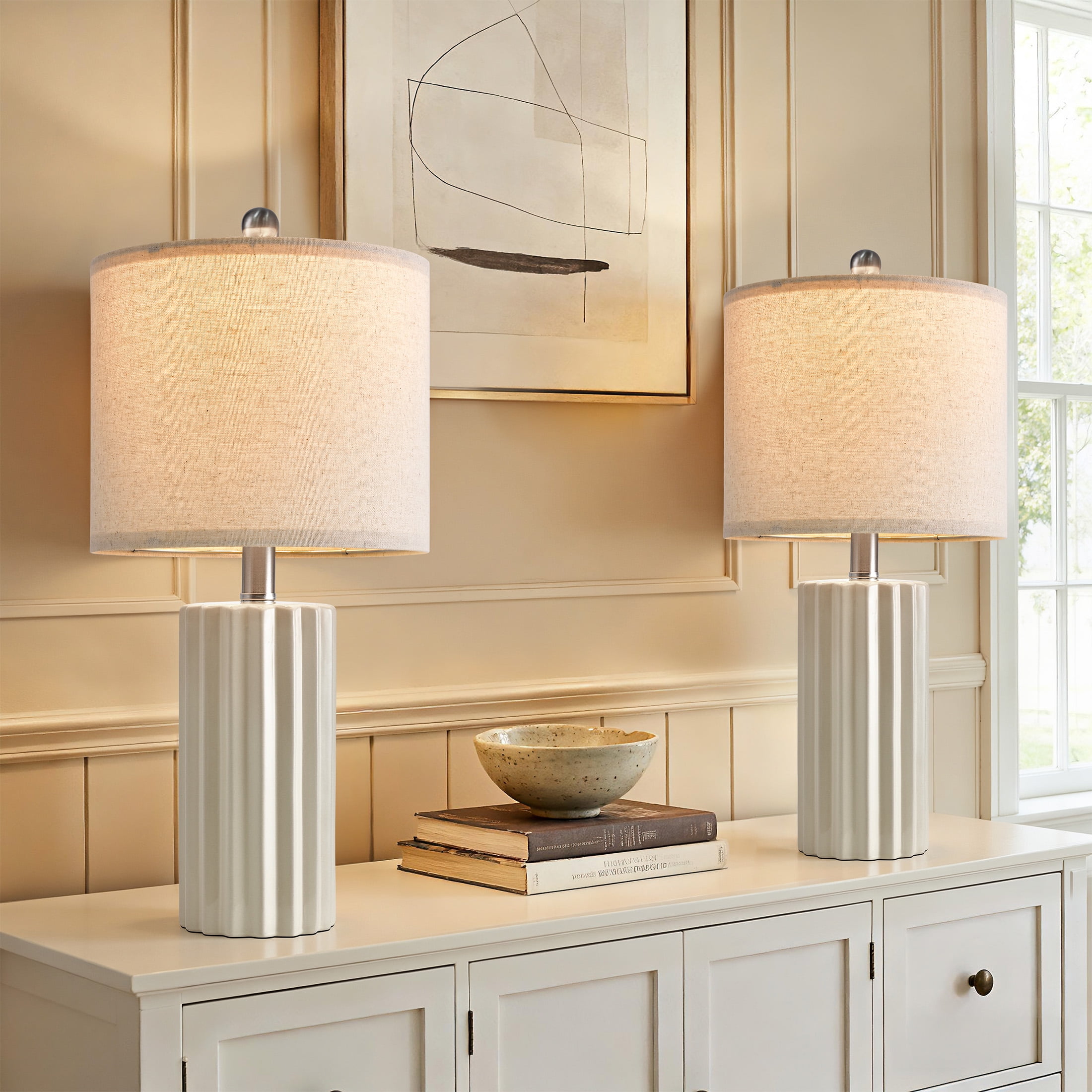 Oneach Modern Beige Ceramic Table Lamp Set of 2 for Living Room Bedroom 21" Farmhouse Nightstand Bedside Lamps