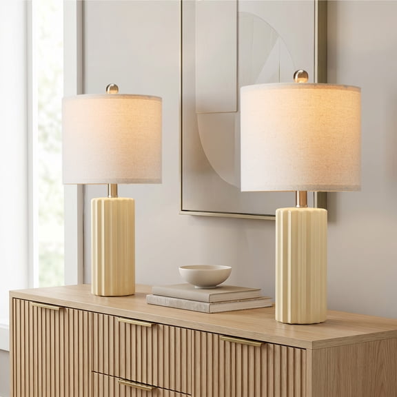 Oneach Modern Beige Ceramic Table Lamp Set of 2 for Living Room Bedroom 21" Farmhouse Nightstand Bedside Lamps