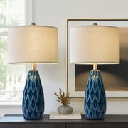 Oneach Modern Ceramic Table Lamp 24.75" Set of 2 Contemporary Blue Geometric Nightstand Lamps for Bedroom Living room