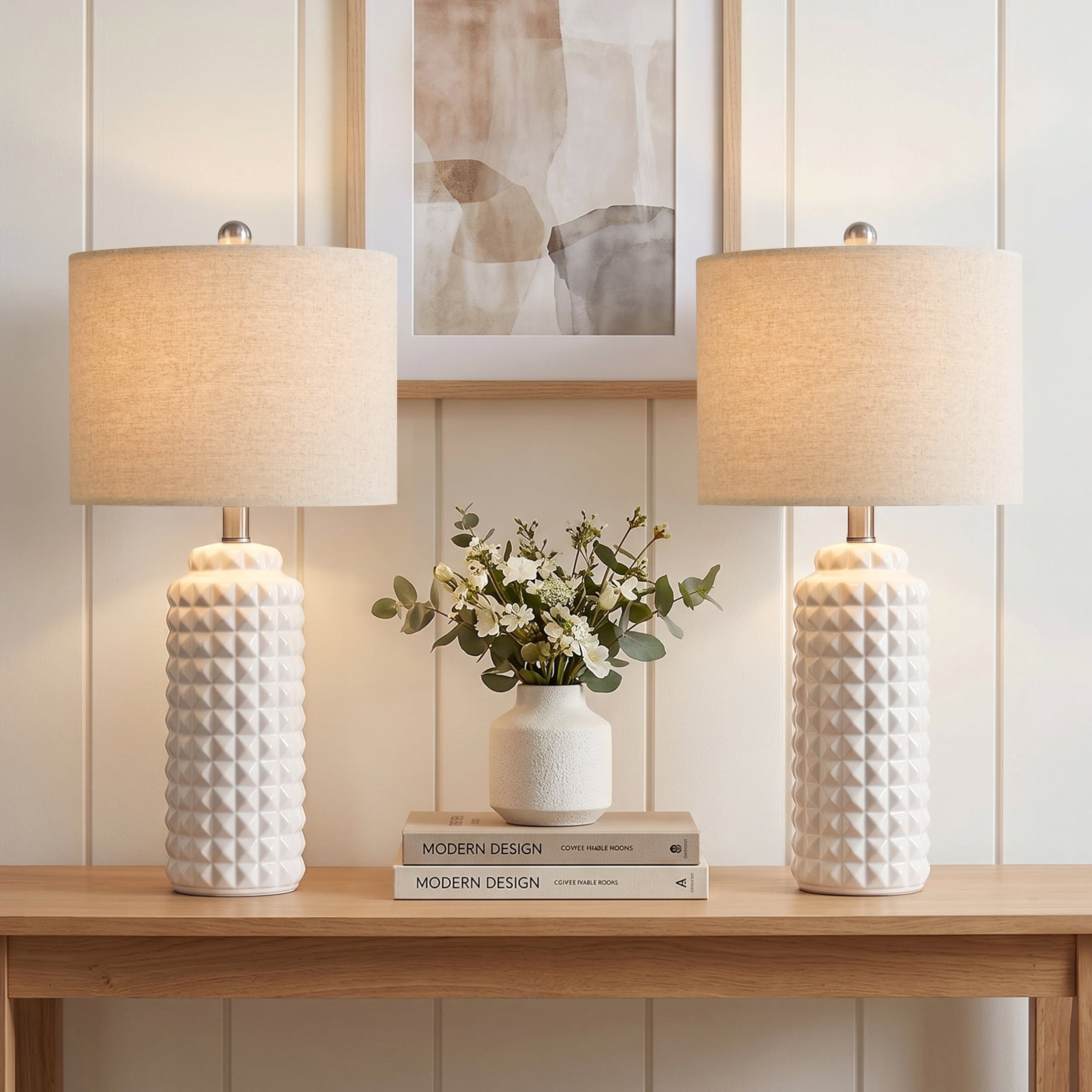 Oneach Modern Ceramic Table Lamp Set of 2 for Living Room Bedroom 24.5" Contemporary White Nightstands Bedside Lamps