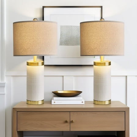 Oneach Modern Ceramic Table Lamps Set of 2 for Living Room Bedroom 24.5" Nightstand Bedside Lamps with Lamp Shades