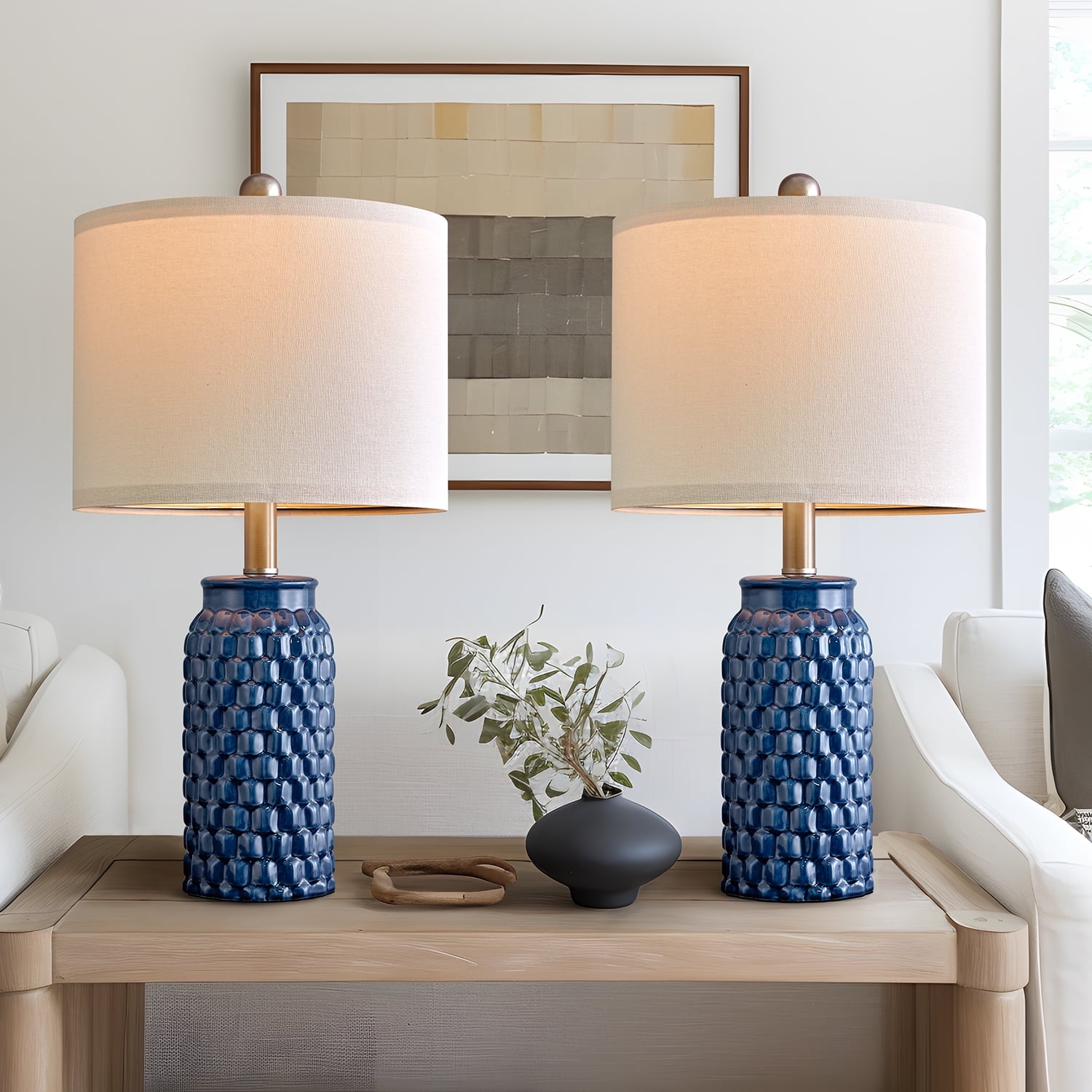 Oneach Modern Table Lamp Set of 2 for Bedroom Living Room 20.5" Contemporary Dark Blue Ceramic Bedside Nightstand Lamps