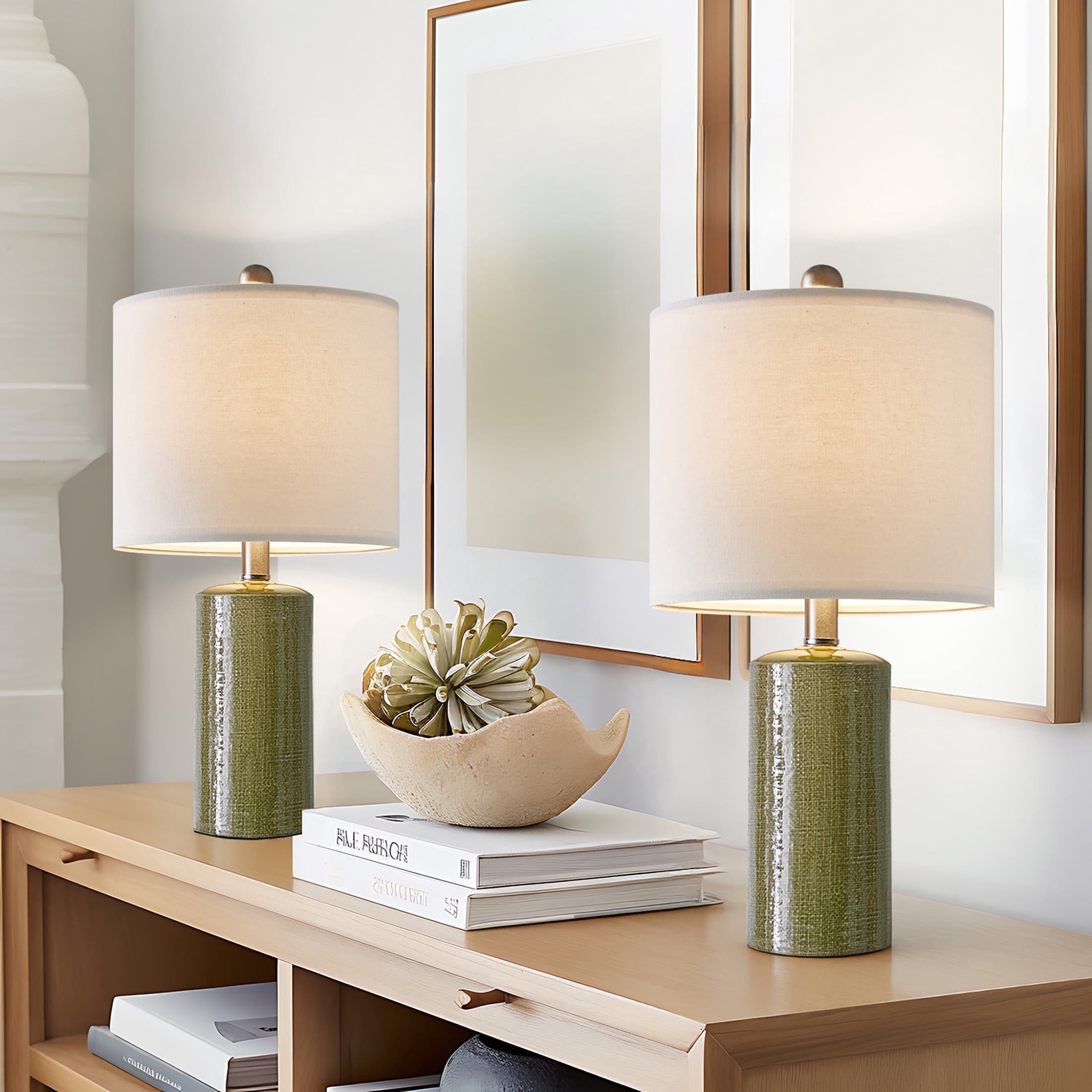 Oneach Modern Table Lamp Set of 2 for Living Room 20.25" Farmhouse Green Ceramic Bedside Nightstand Lamps for Bedroom - Walmart.com