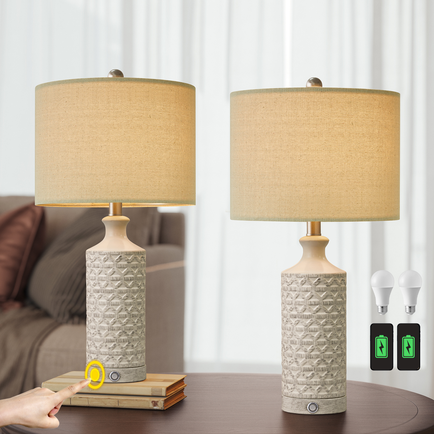 Oneach Modern Table Lamp Set of 2 with USB Ports 3 Way Dimmable Touch