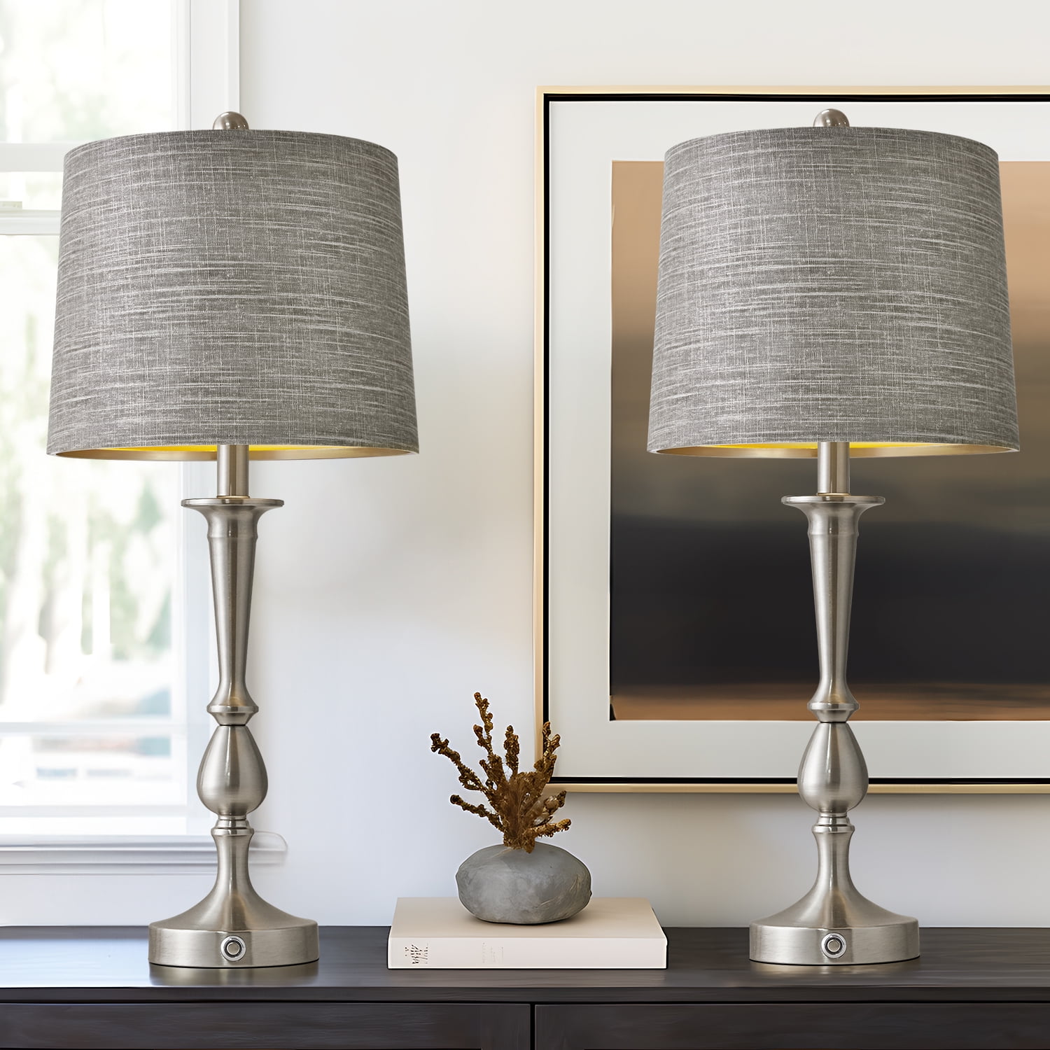 Oneach Modern Touch Table Lamps for Living Room Bedroom 3 Way Dimmable Set of 2 with USB Ports