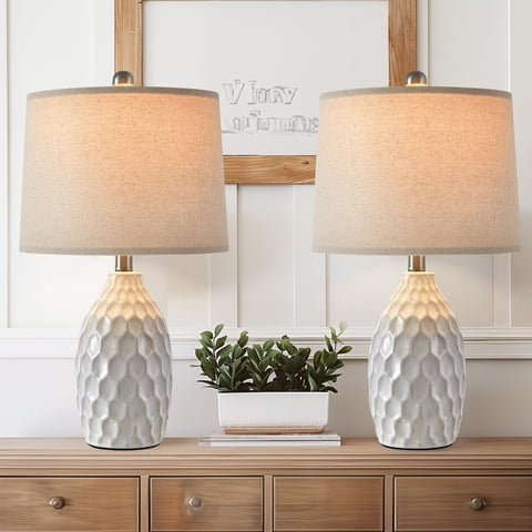 Oneach Modern White Ceramic Table Lamps Set of 2 Industrial Metal 21.5" Bedside Nightstand Lamp for Living Room Bedroom
