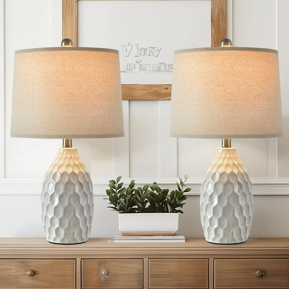 Oneach Modern White Ceramic Table Lamps Set of 2 Industrial Metal 21.5" Bedside Nightstand Lamp for Living Room Bedroom