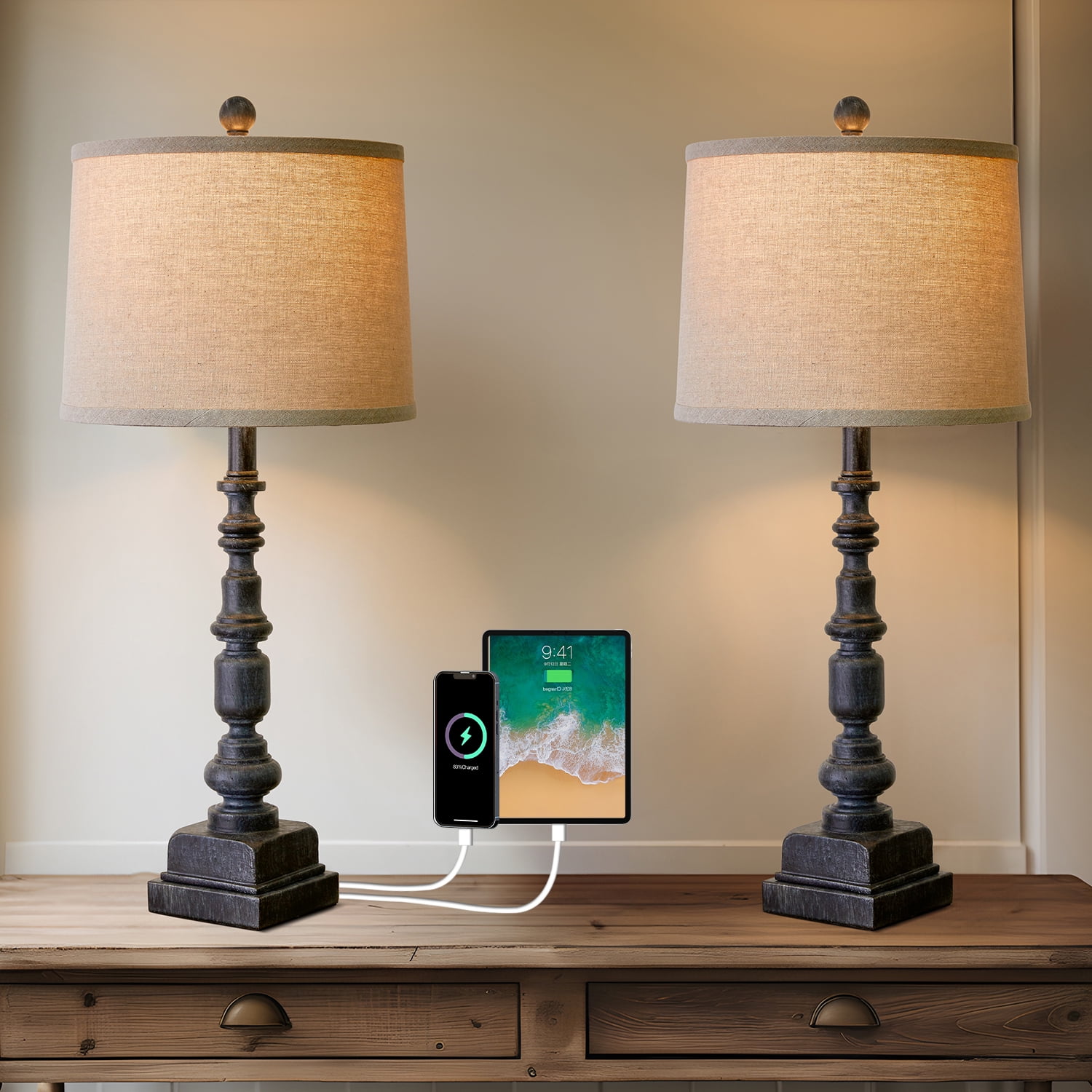 Oneach Rustic Black Table Lamp Set of 2 with 2 USB Ports 27.25" Resin