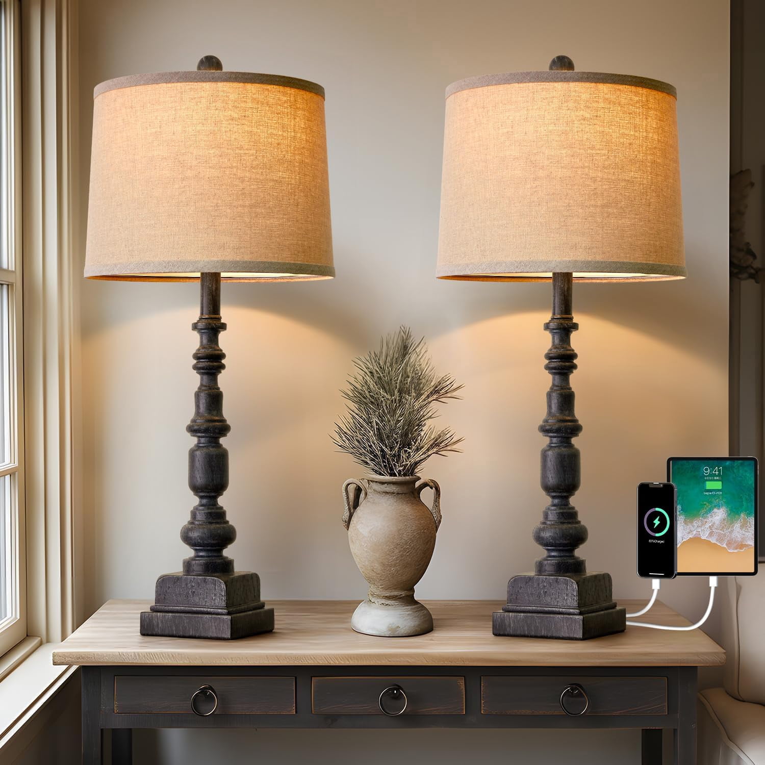 Rustic Black Resin Table Lamp Set with USB Ports