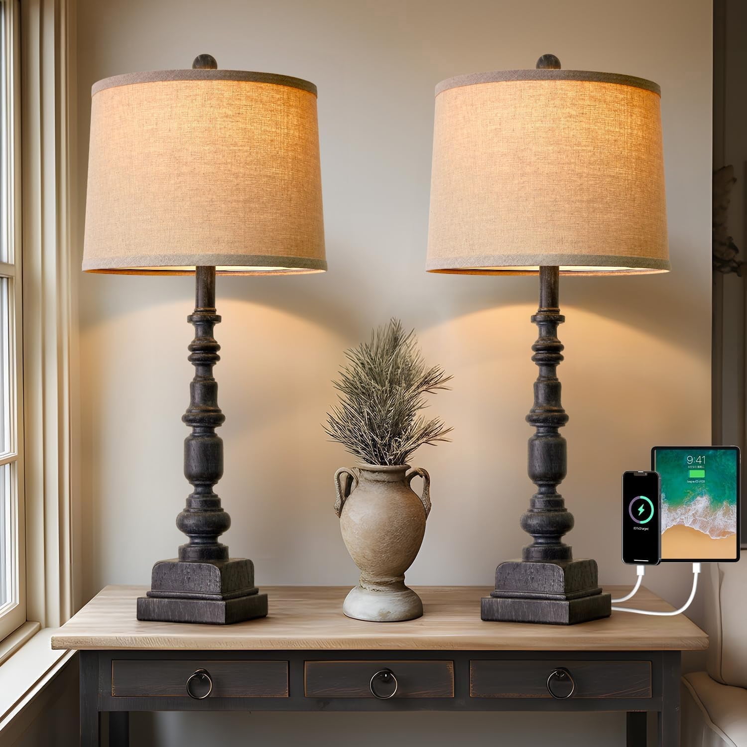Rustic Black Resin Table Lamp Set with USB Ports
