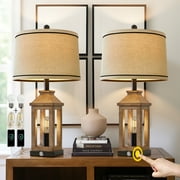 Oneach 23.75" MDF Plastic Brown Table Lamps Farmhouse Lamp Set of 2 for Living Room Bedroom Bedside Nightstand Lamps with USB A+C Ports(4 Bulbs)