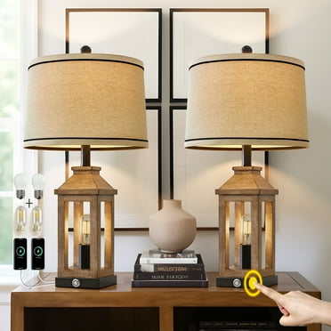 Oneach Touch Control Table Lamp Set of 2 with USB Ports 3-Way Dimmable Bulbs 25.25" MDF Modern Bedside Nightstand Lamps for Living Room Bedroom