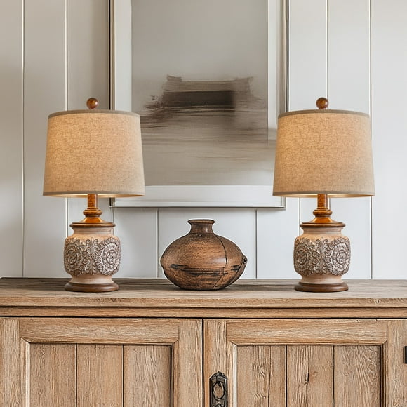 Oneach Vintage Table Lamps Bedside Lamp Set of 2 for Bedroom Living Room 18.75" Retro Farmhouse Floral Nightstands Lamps Resin