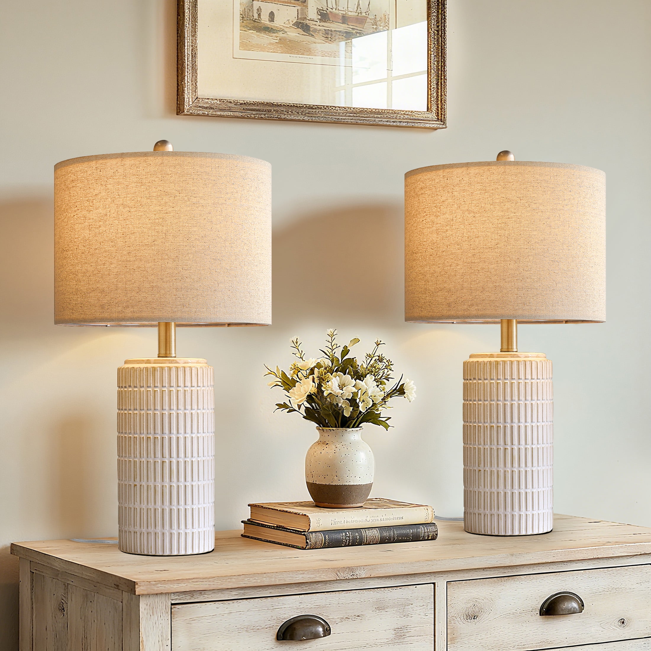 Oneach White Ceramic Table Lamps Set of 2 for Living Room Bedroom 23" Rustic Bedside Nightstand Lamps with Linen Lamp Shades