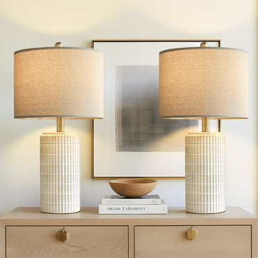 Oneach White Ceramic Table Lamps Set of 2 for Living Room Bedroom 23" Rustic Bedside Nightstand Lamps with Linen Lamp Shades