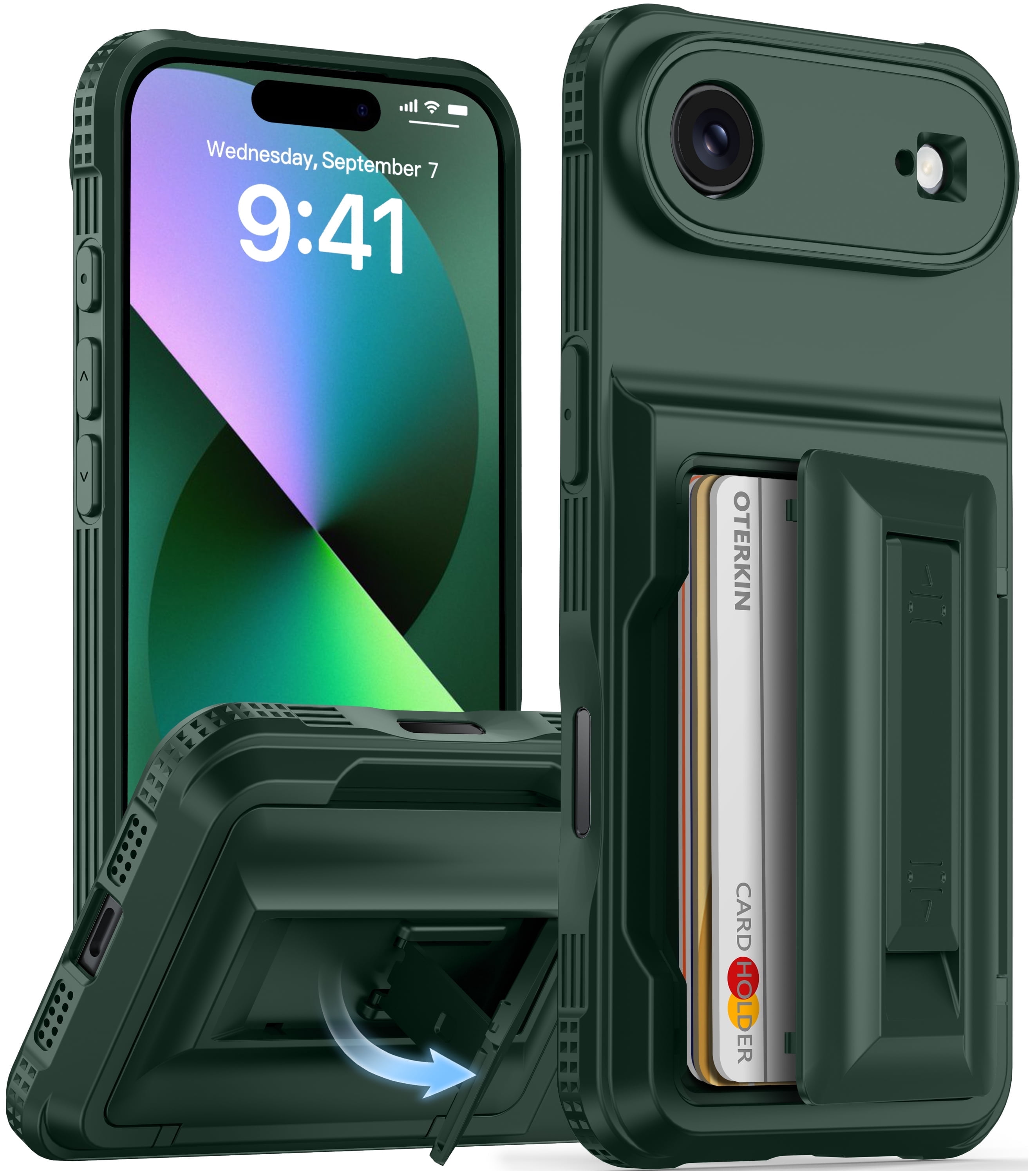 Oneagle Stand & Wallet Case (Store 4-5 Cards) for iPhone Air Case with Card Holder,Rugged Case for iPhone 17 Air,Green