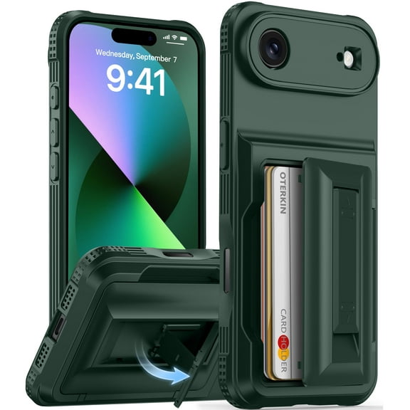 Oneagle Stand & Wallet Case (Store 4-5 Cards) for iPhone Air Case with Card Holder,Rugged Case for iPhone 17 Air,Green